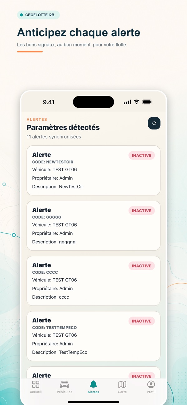 Geoflotte vehicle alerts and their status