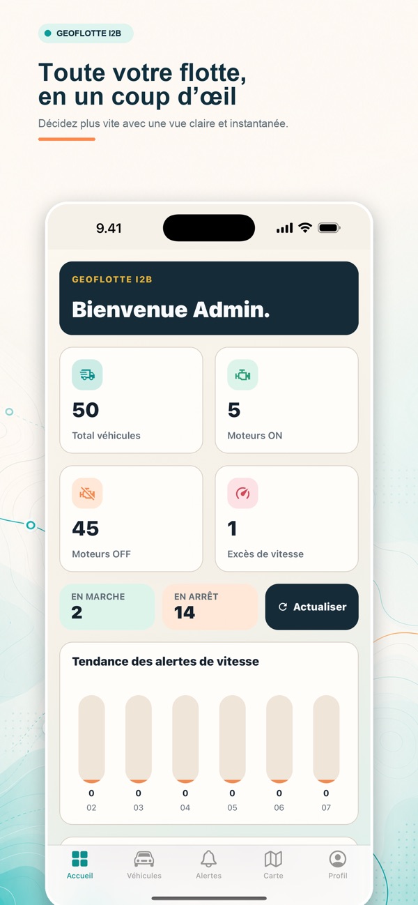 Geoflotte dashboard showing vehicle counts, engine status, and speeding alerts
